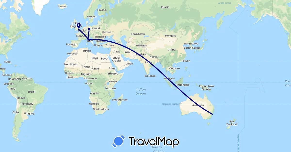 TravelMap itinerary: driving in Australia, Germany, United Kingdom, Italy, Singapore (Asia, Europe, Oceania)
